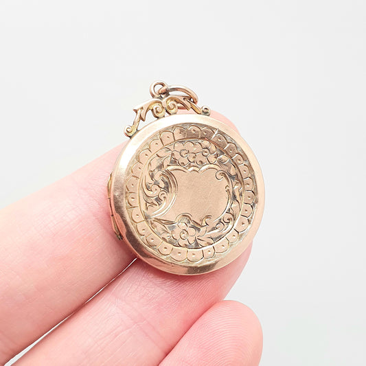 Antique 9ct Rose Gold Locket Round Circle Solid 9k 375 Shield Engraved Big Pendant Love Gift Back & Front Necklace Jewelry Womens Jewellery