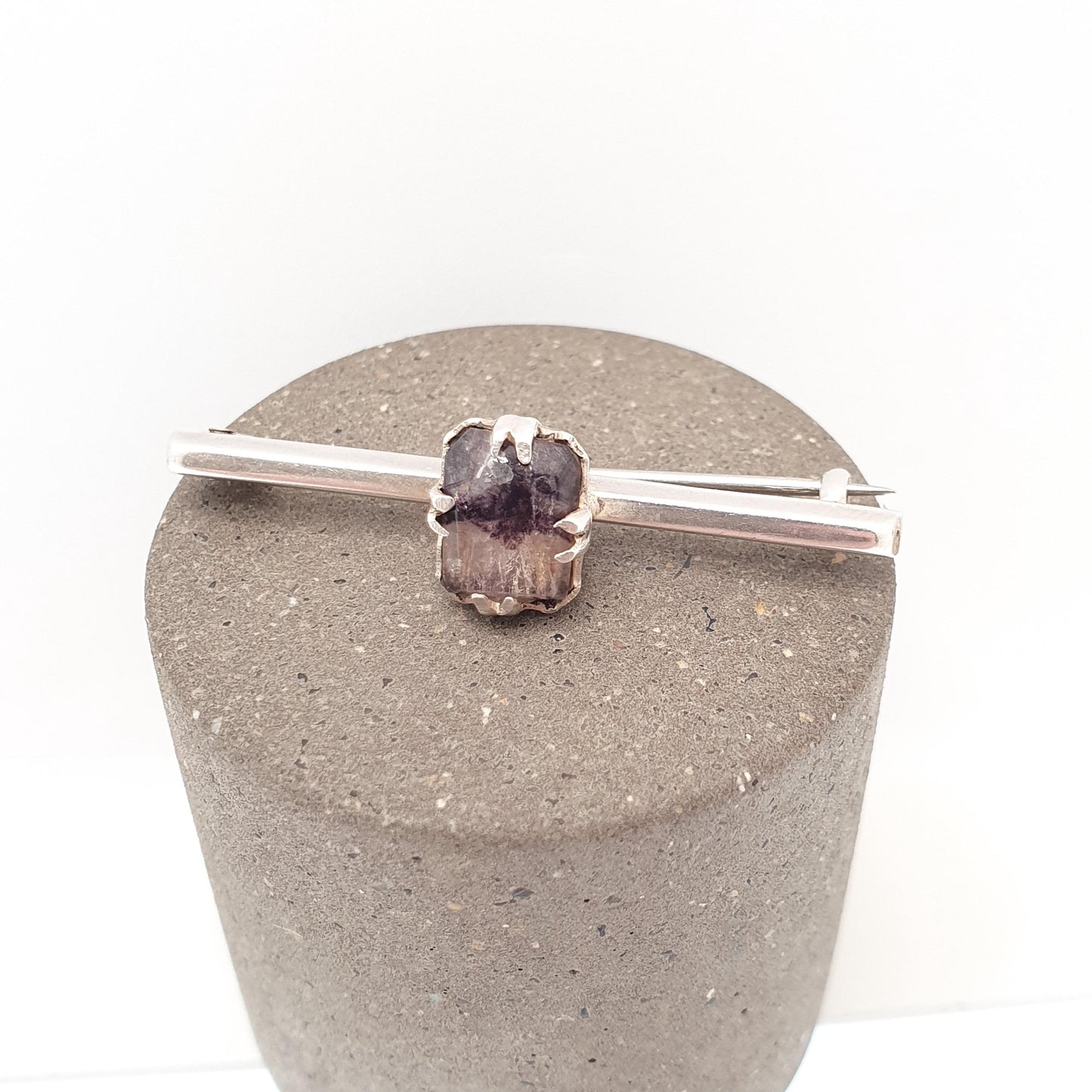 Antique Blue John Sterling Silver Brooch Bar Pin Very Rare Rectangular Cut Genuine Real Bleu Jaune Vintage Womens Jewelry Jewellery