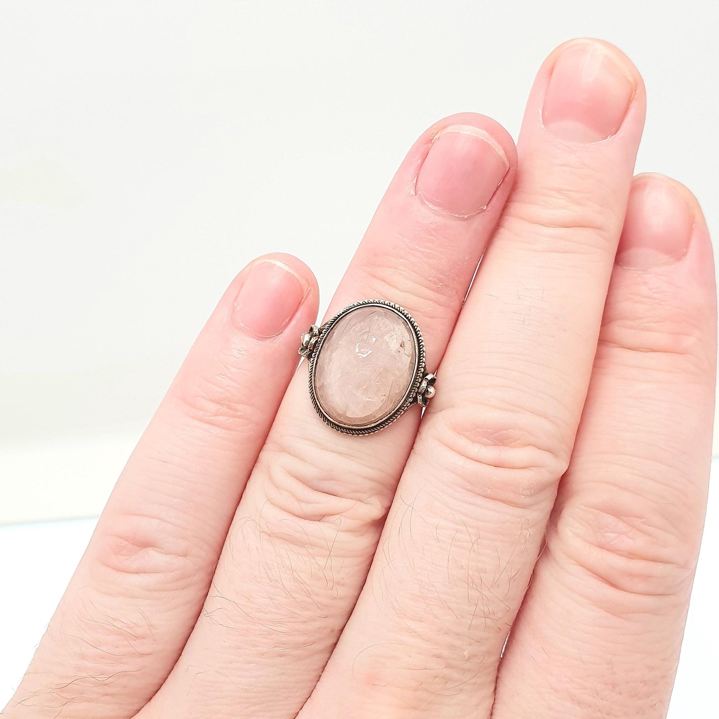 Vintage Solid Silver Scarab Beetle Ring Rose Quartz Gemstone Egyptian Art Deco Revival Large Big Egypt Insect Animal Bug Jewelry Jewellery