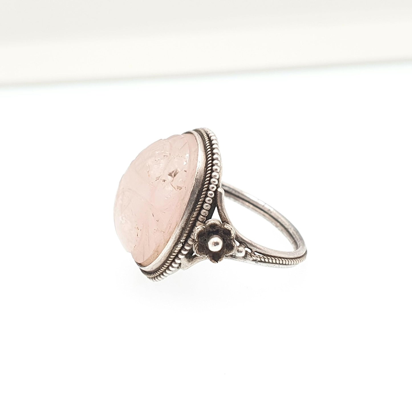 Vintage Solid Silver Scarab Beetle Ring Rose Quartz Gemstone Egyptian Art Deco Revival Large Big Egypt Insect Animal Bug Jewelry Jewellery