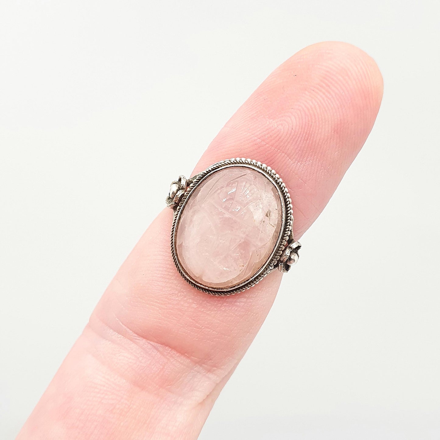 Vintage Solid Silver Scarab Beetle Ring Rose Quartz Gemstone Egyptian Art Deco Revival Large Big Egypt Insect Animal Bug Jewelry Jewellery