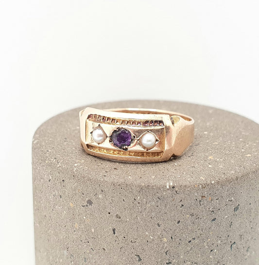 Antique 15ct Gold Amethyst & Seed Pearl Ring Victorian Seed Pearl 1888 Hallmark Solid 625 15 Carat Estate Womens Vintage Jewelry Jewellery
