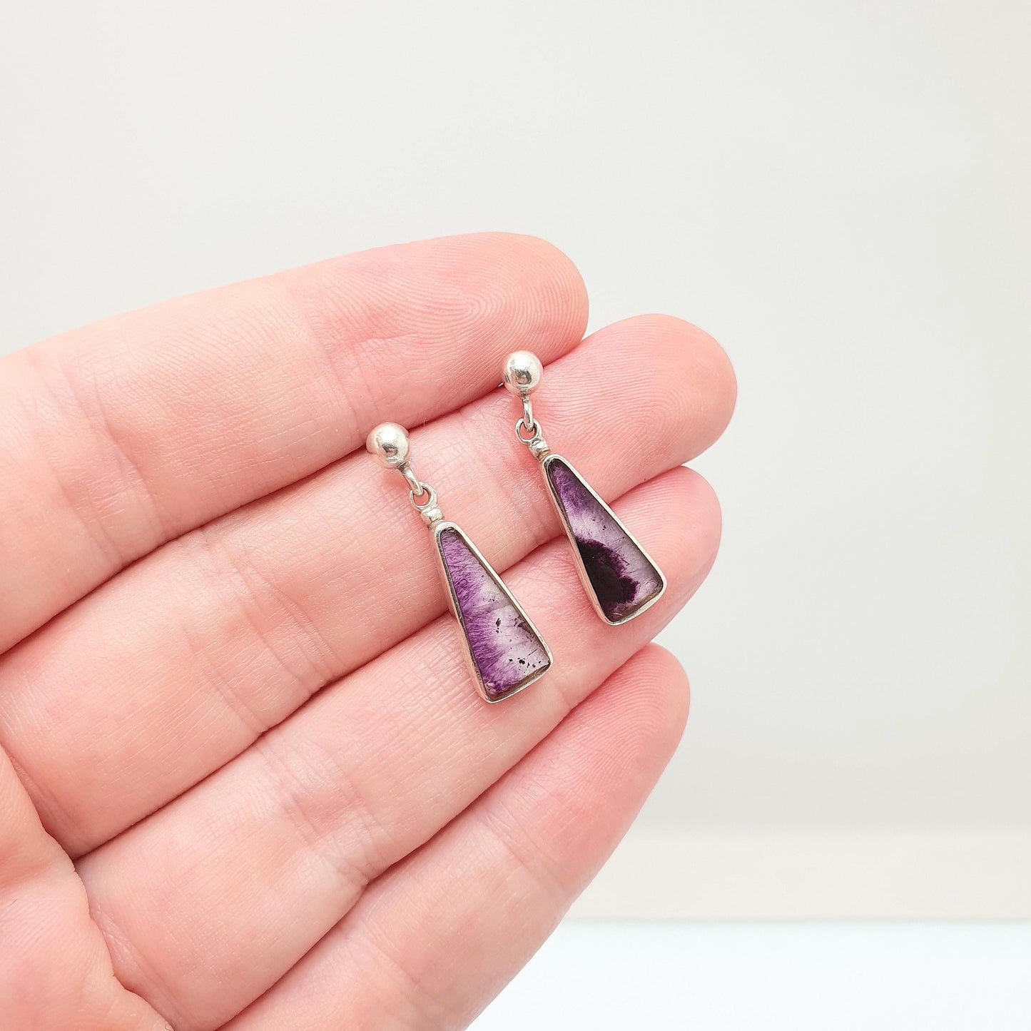 Vintage Sterling Silver Blue John Earrings Stud Hanging Triangle Drop Cabochon Bleu Jaune Womens 925 Gemstone Retro Jewelry Jewellery