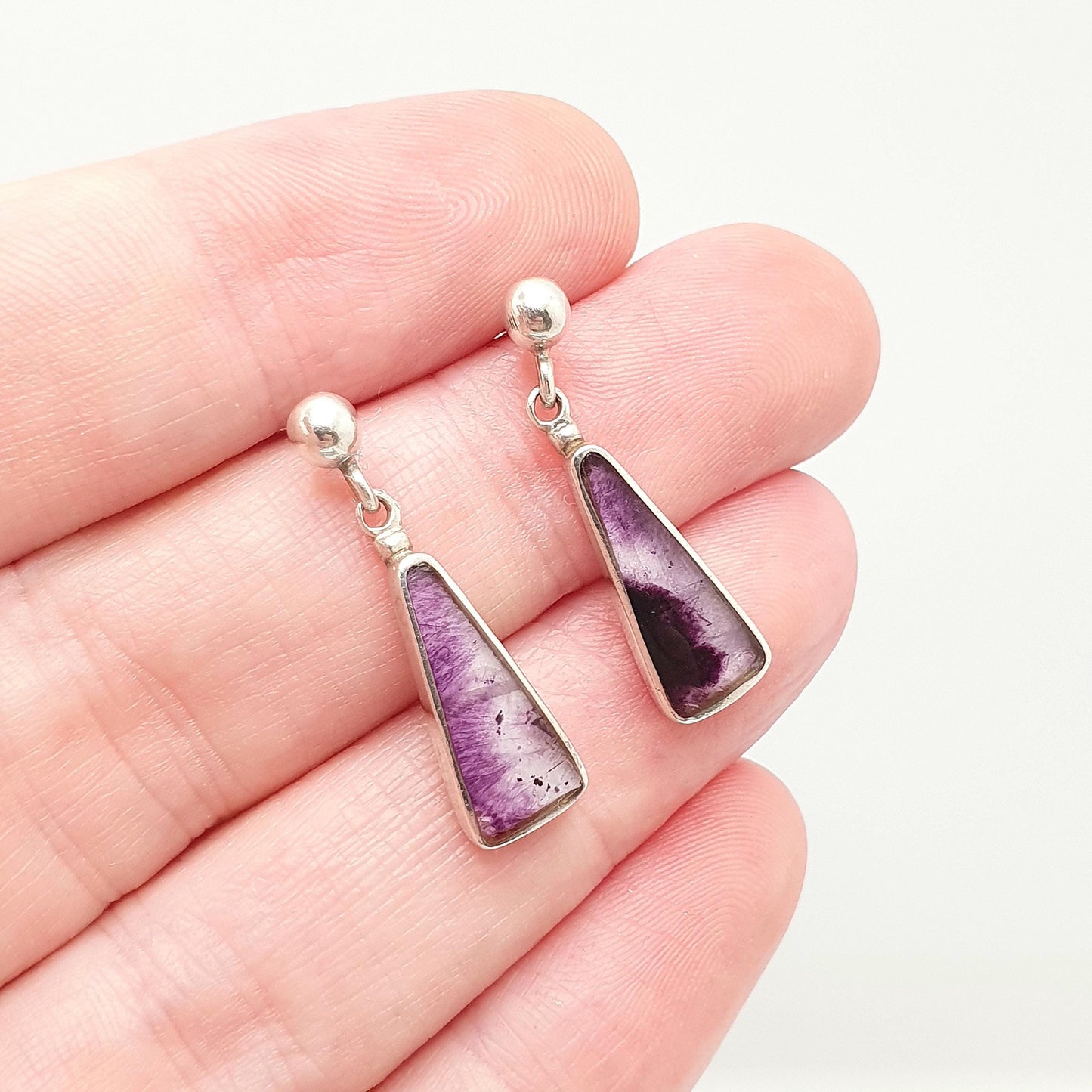 Vintage Sterling Silver Blue John Earrings Stud Hanging Triangle Drop Cabochon Bleu Jaune Womens 925 Gemstone Retro Jewelry Jewellery