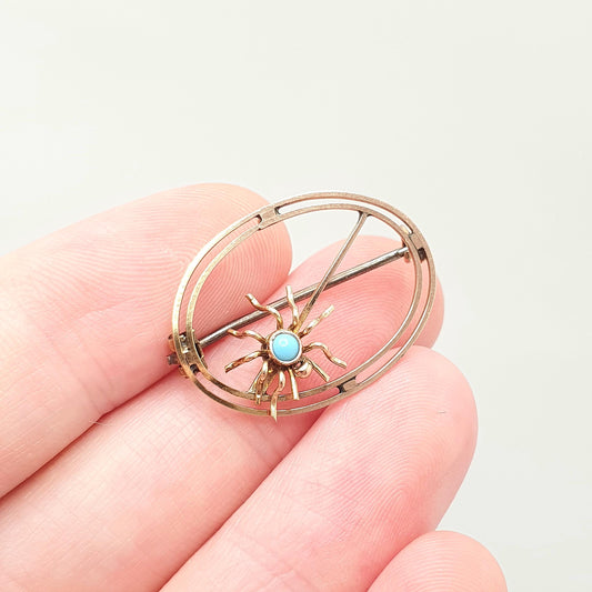 Antique 9ct Gold Spider Brooch Pin Turquoise Solid 9k 9 carat 375 Edwardian Arachnid Insect Bug Womens Vintage Jewelry Jewellery