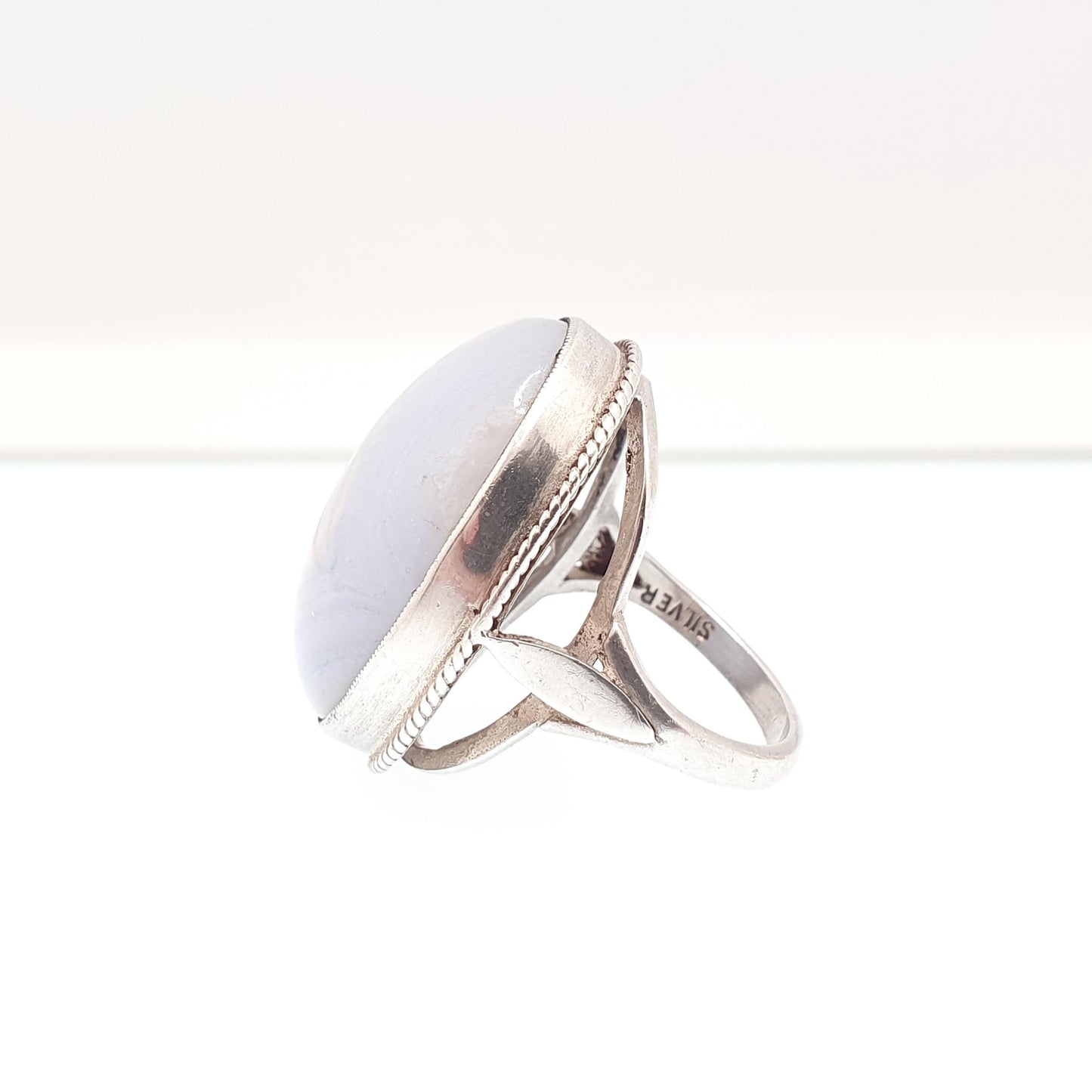 Old Vintage Sterling Silver Montrose Lace Agate Ring Huge Big Large Oval Cabochon Natural Gemstone Chunky 925 Womens Jewelry Jewellery