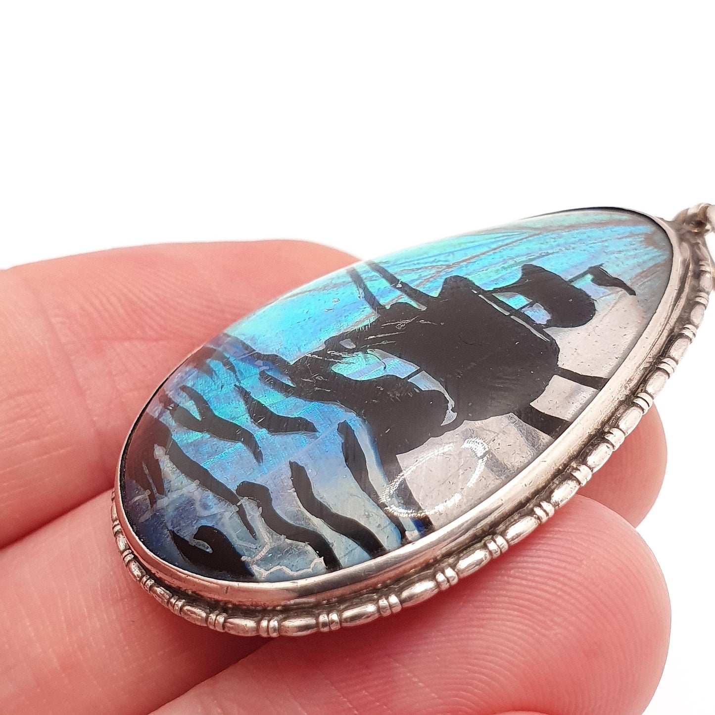 Antique Butterfly Wing Sterling Silver Necklace Pendant Galleon Ship Sailing Sea Art Deco Vintage 1920s Blue Bug Insect Jewelry Jewellery