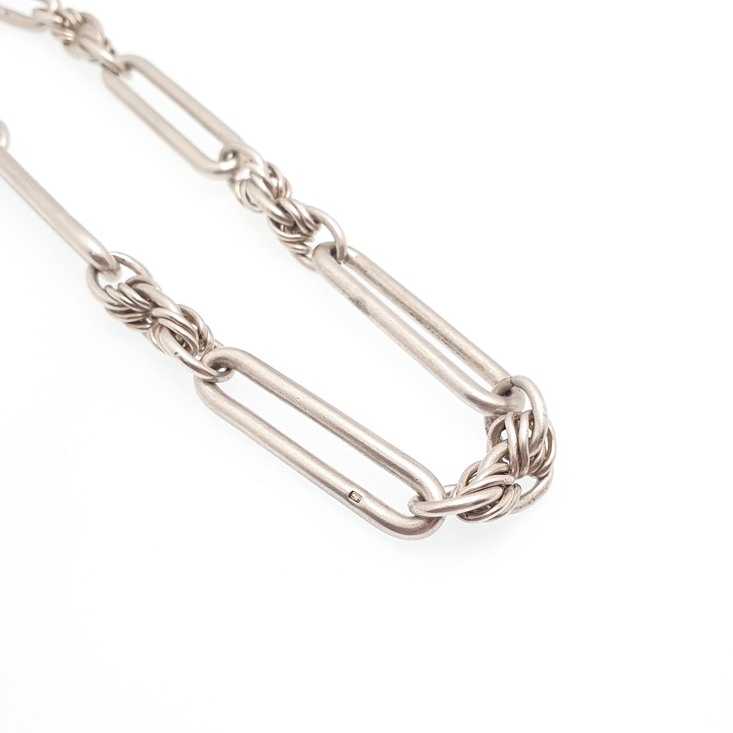 Antique Victorian Sterling Silver Trombone Albert Chain Necklace Staple Knot Link Chunky Large Heavy Dog Clip 63.06g 44cm Long Vintage
