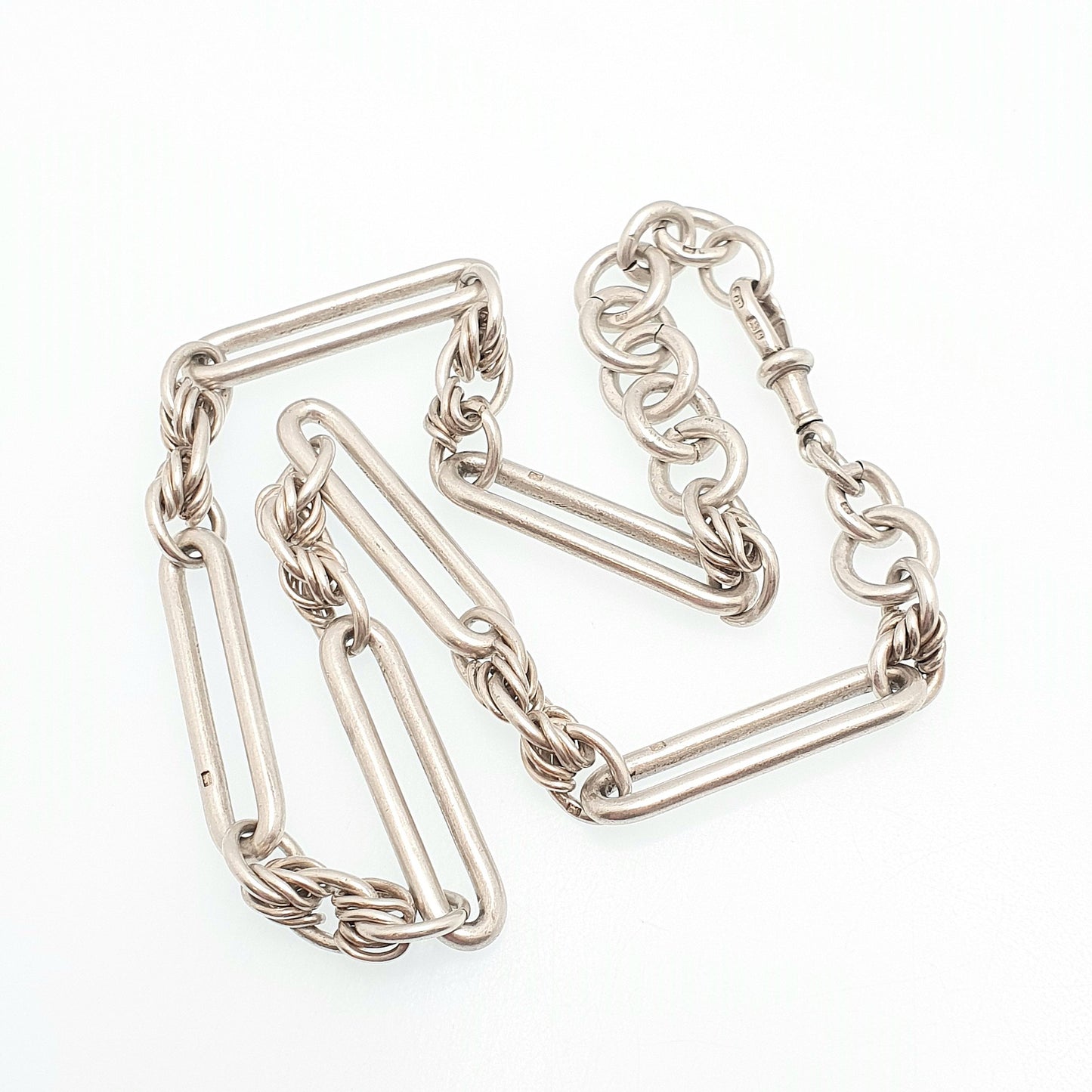 Antique Victorian Sterling Silver Trombone Albert Chain Necklace Staple Knot Link Chunky Large Heavy Dog Clip 63.06g 44cm Long Vintage