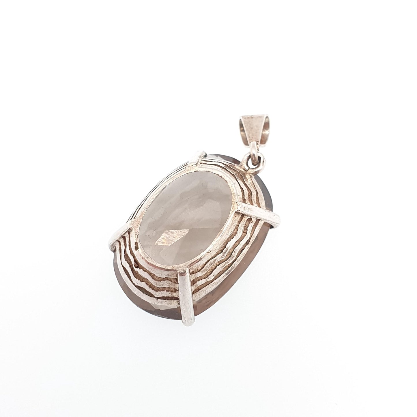 Antique Smoky Quartz Solid Silver Pendant Necklace Art Deco Oval Cut Large Big Dark Brown Gemstone Genuine Vintage Womens Jewelry Jewellery
