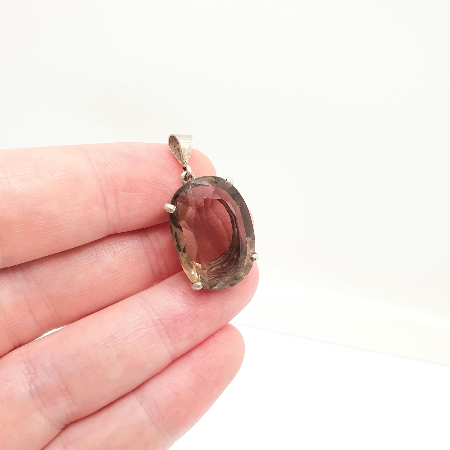 Antique Smoky Quartz Solid Silver Pendant Necklace Art Deco Oval Cut Large Big Dark Brown Gemstone Genuine Vintage Womens Jewelry Jewellery