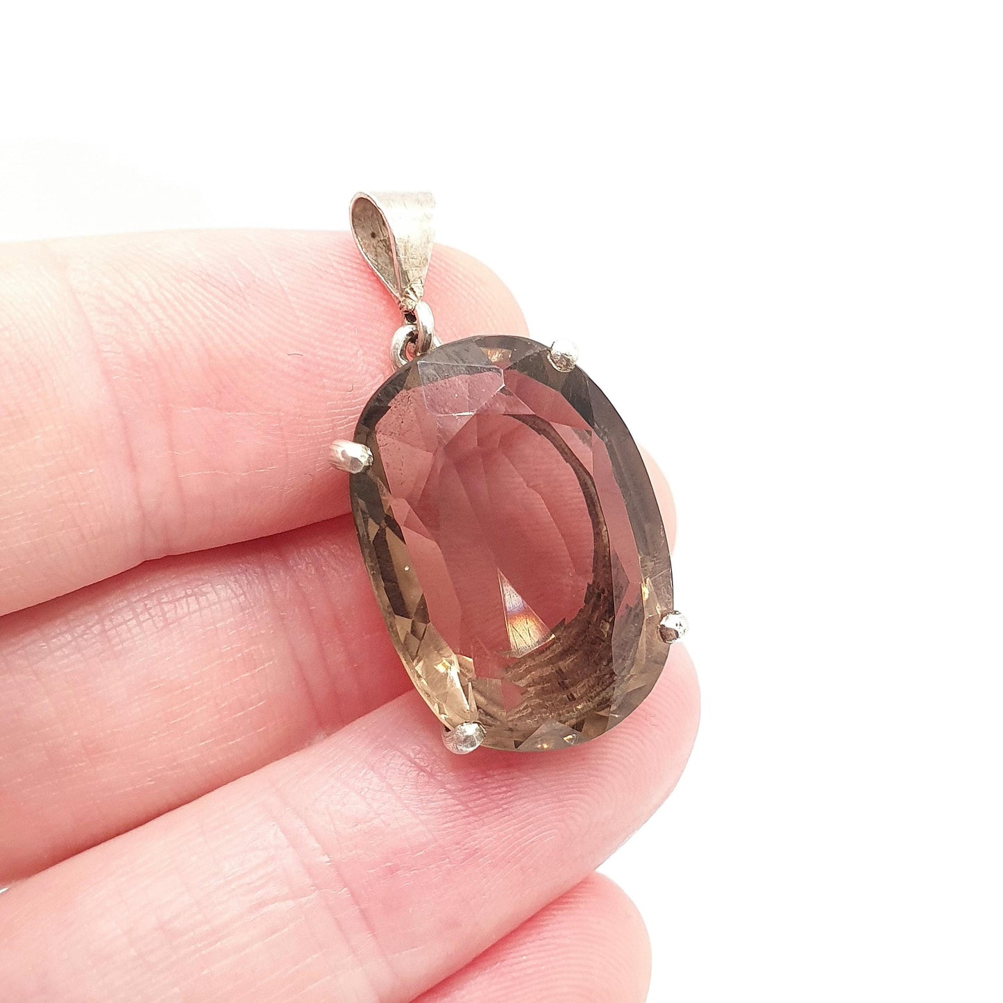 Antique Smoky Quartz Solid Silver Pendant Necklace Art Deco Oval Cut Large Big Dark Brown Gemstone Genuine Vintage Womens Jewelry Jewellery