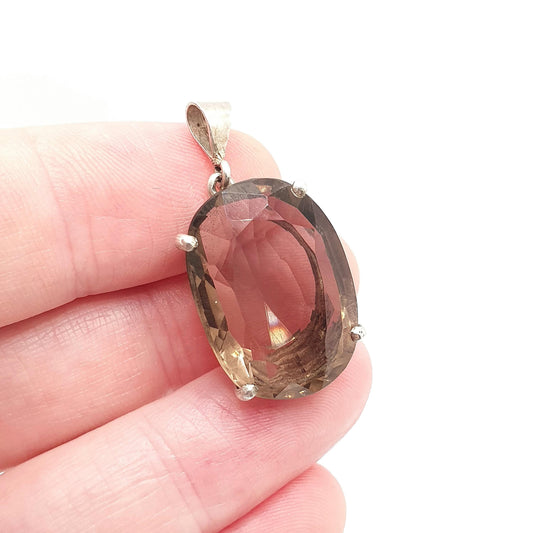 Antique Smoky Quartz Solid Silver Pendant Necklace Art Deco Oval Cut Large Big Dark Brown Gemstone Genuine Vintage Womens Jewelry Jewellery