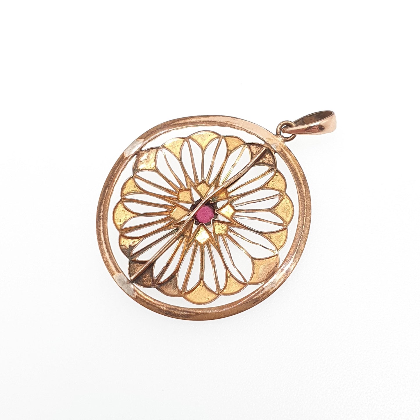 Antique Rolled Gold Ruby Paste Necklace Pendant Seed Pearl Edwardian Art Nouveau Openwork Gold Filled Vintage Jewellery Jewelry