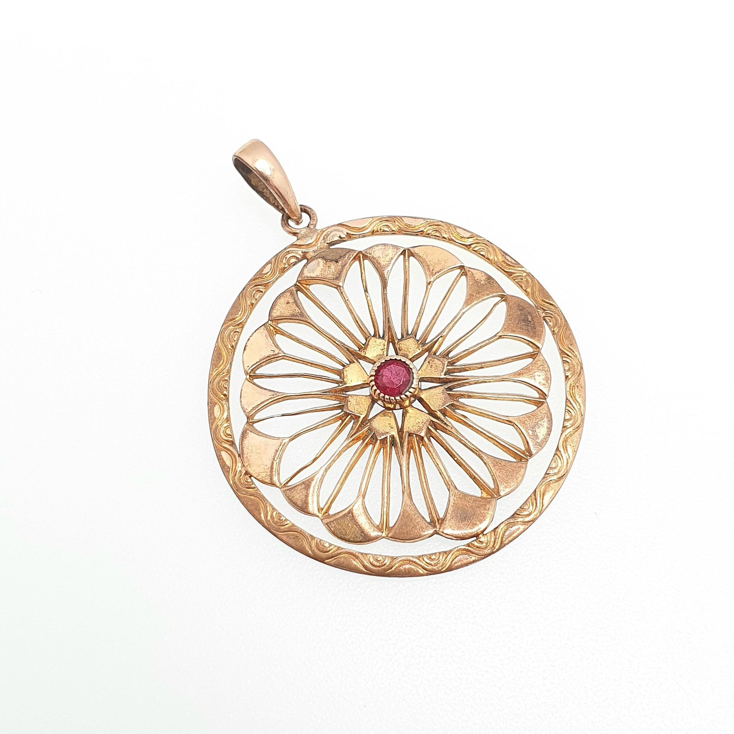 Antique Rolled Gold Ruby Paste Necklace Pendant Seed Pearl Edwardian Art Nouveau Openwork Gold Filled Vintage Jewellery Jewelry