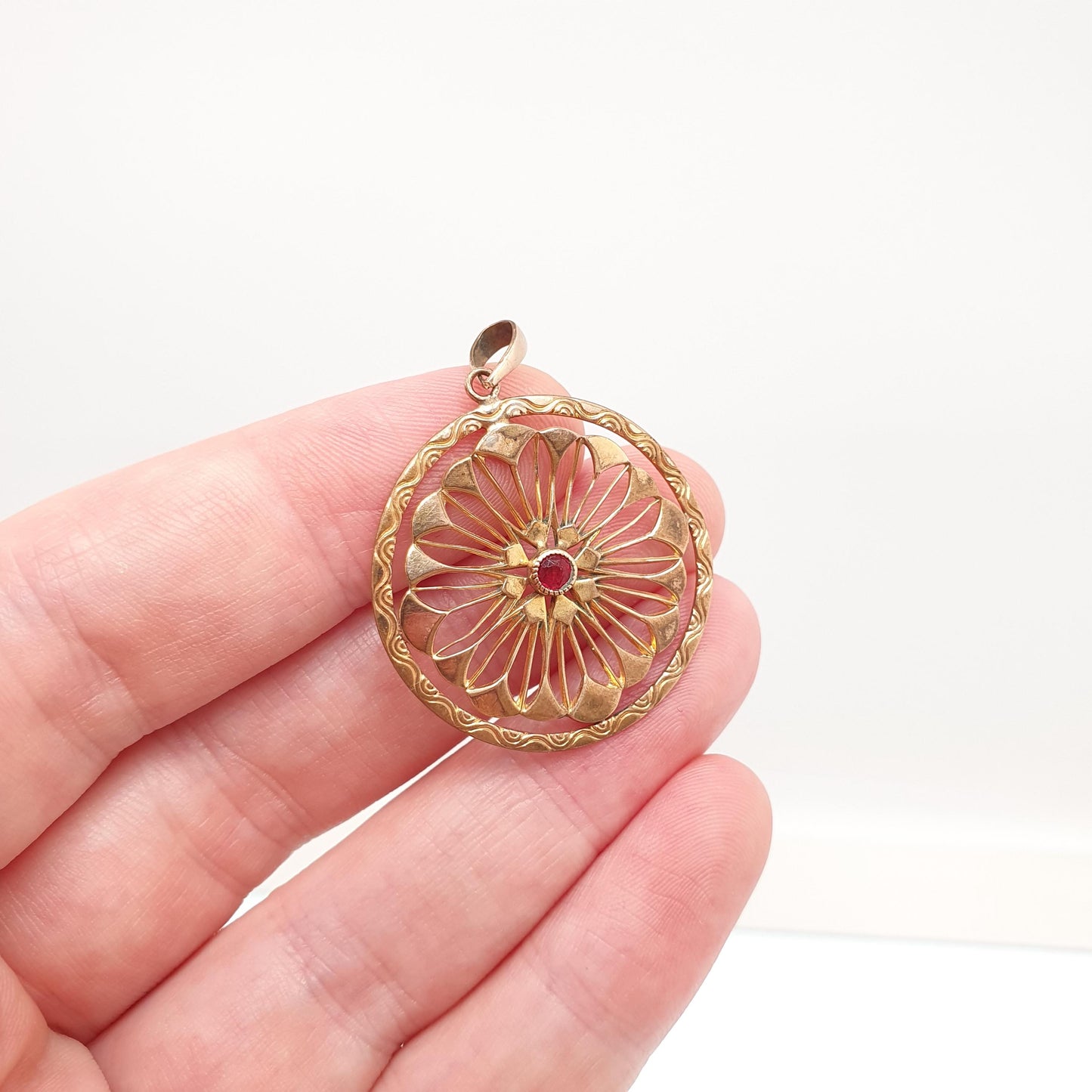 Antique Rolled Gold Ruby Paste Necklace Pendant Seed Pearl Edwardian Art Nouveau Openwork Gold Filled Vintage Jewellery Jewelry