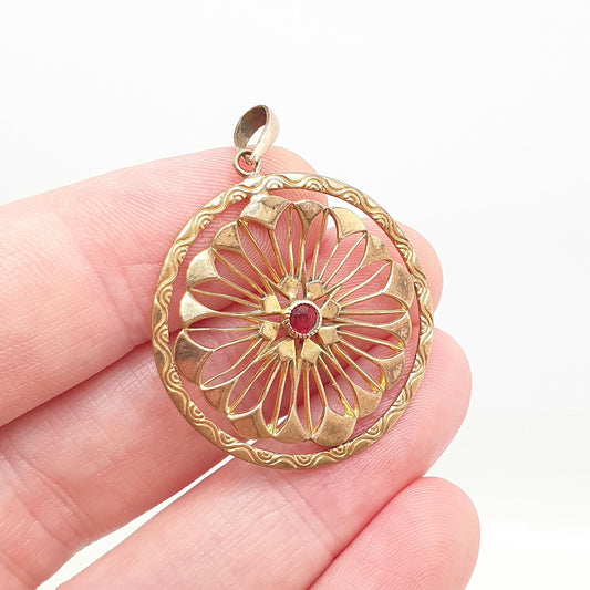 Antique Rolled Gold Ruby Paste Necklace Pendant Seed Pearl Edwardian Art Nouveau Openwork Gold Filled Vintage Jewellery Jewelry