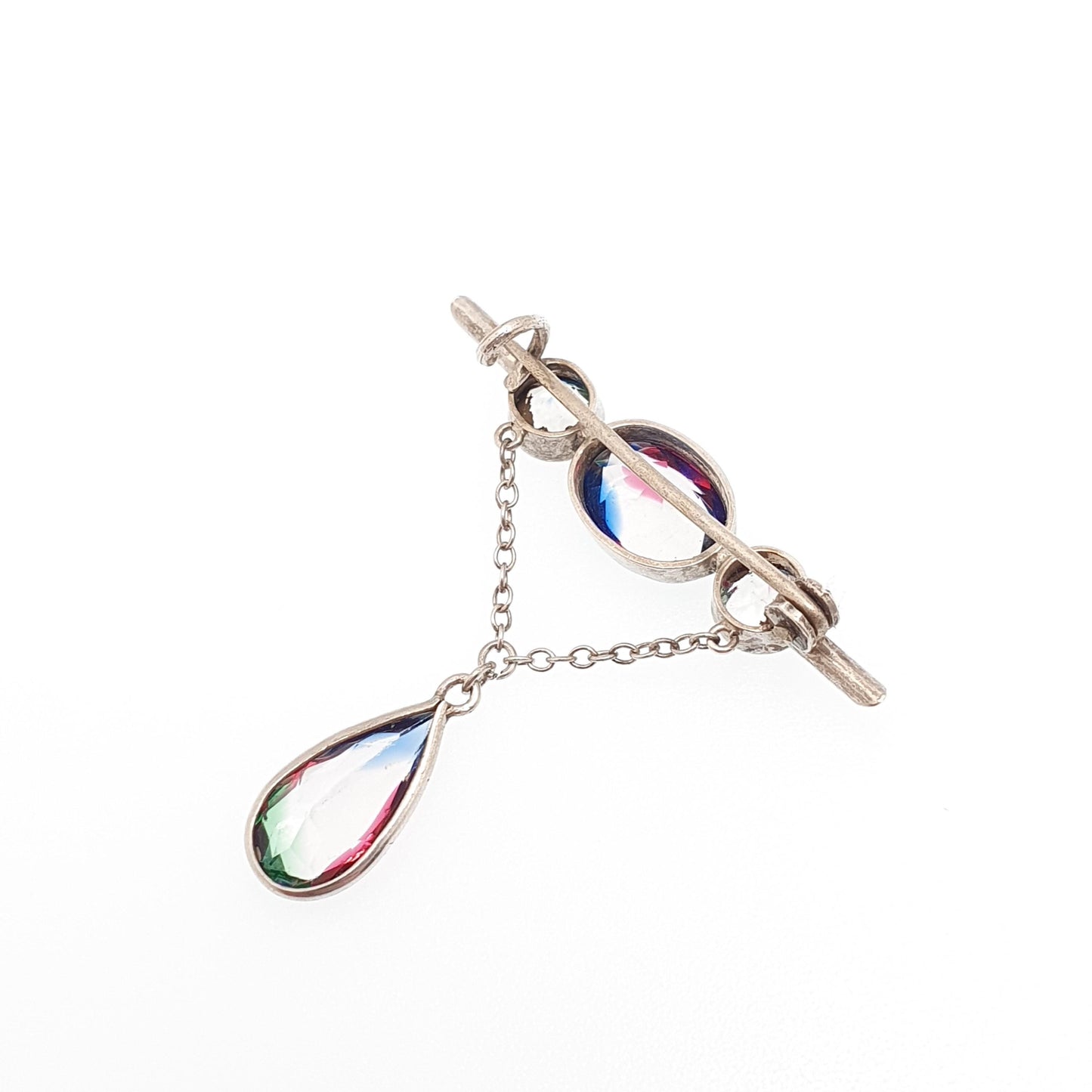 Antique Iris Rainbow Glass Solid Silver Brooch Pin Tutti Frutti Hanging Oval Cut Pear Cut Edwardian Vintage Womens Jewellery Jewelry
