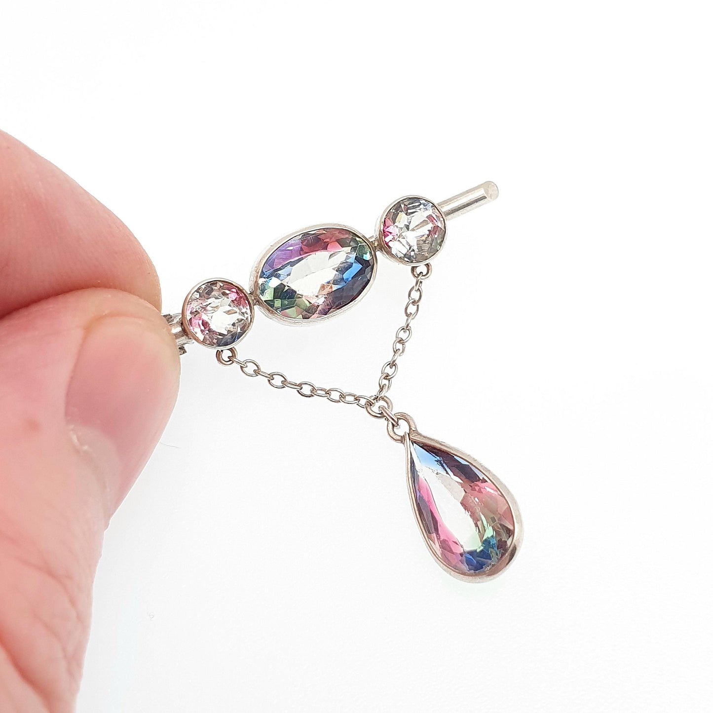 Antique Iris Rainbow Glass Solid Silver Brooch Pin Tutti Frutti Hanging Oval Cut Pear Cut Edwardian Vintage Womens Jewellery Jewelry