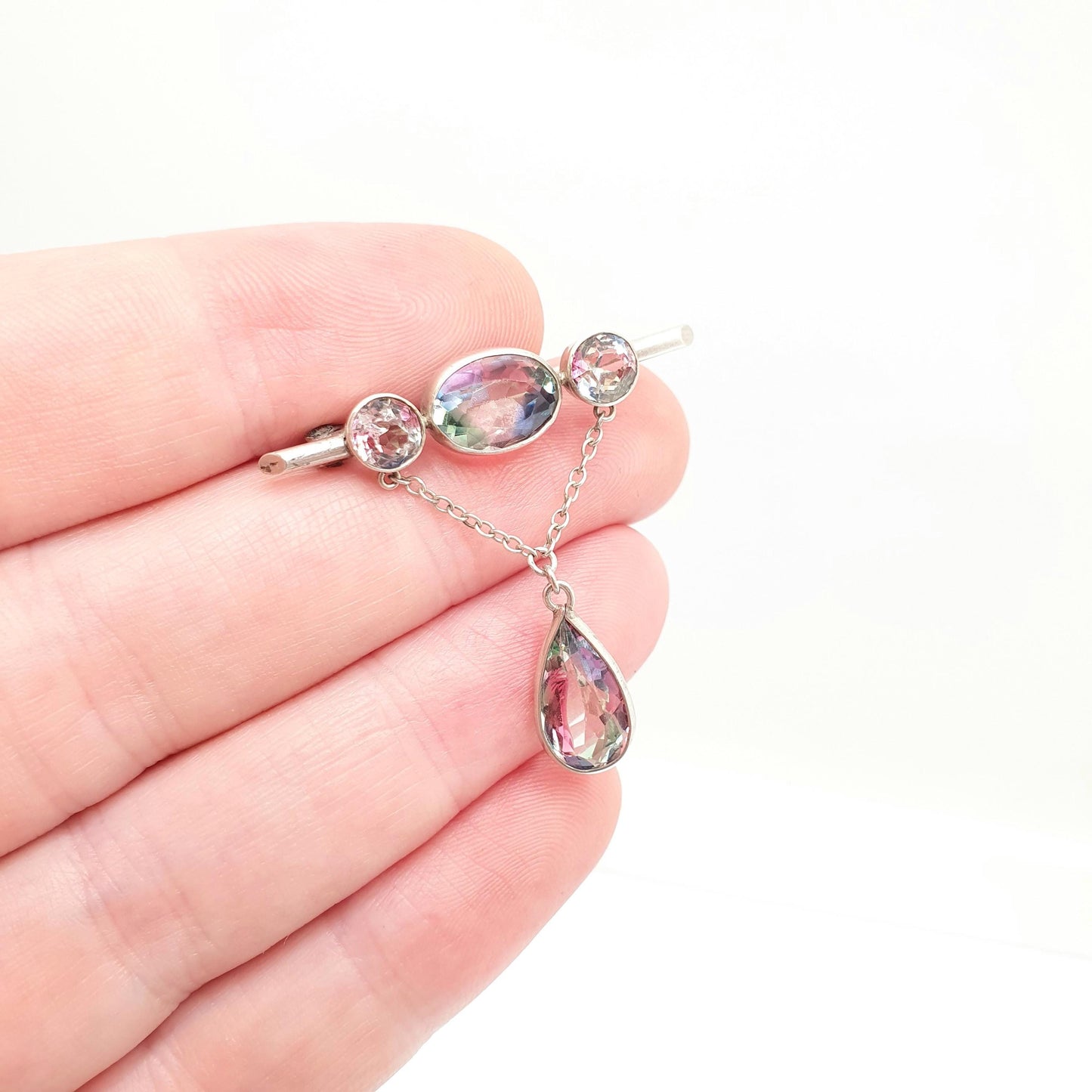 Antique Iris Rainbow Glass Solid Silver Brooch Pin Tutti Frutti Hanging Oval Cut Pear Cut Edwardian Vintage Womens Jewellery Jewelry