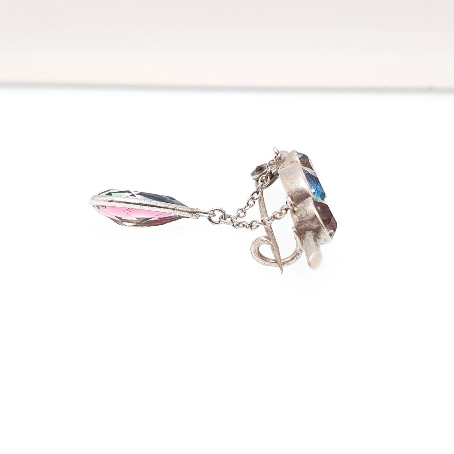 Antique Iris Rainbow Glass Solid Silver Brooch Pin Tutti Frutti Hanging Oval Cut Pear Cut Edwardian Vintage Womens Jewellery Jewelry