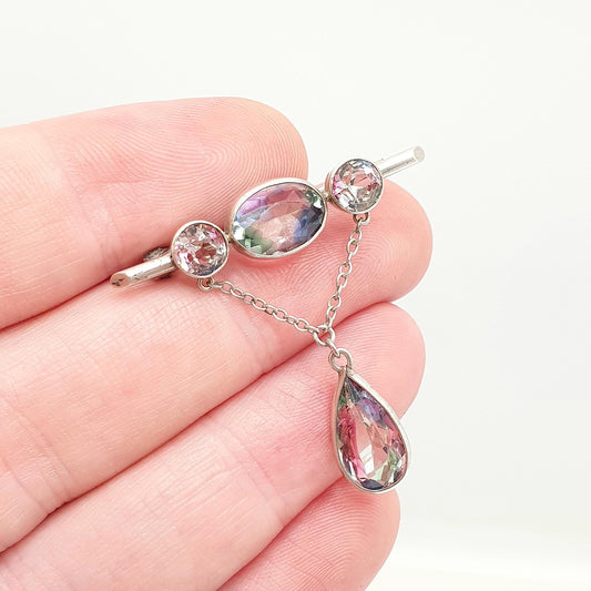 Antique Iris Rainbow Glass Solid Silver Brooch Pin Tutti Frutti Hanging Oval Cut Pear Cut Edwardian Vintage Womens Jewellery Jewelry