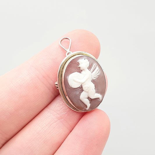 Vintage Sterling Silver Cherub Cameo Necklace Pendant Brooch Cute Shell Hand Carved Italian Solid 925 Small Jewelry Jewellery Jewelry