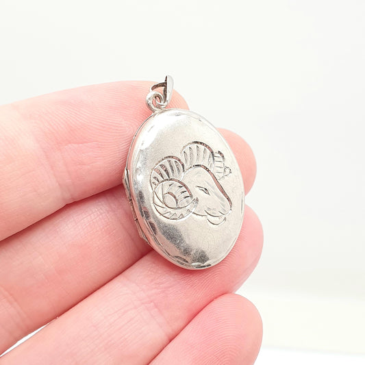 Vintage Sterling Silver Locket Aires Ram Zodiac Pendant Necklace Engraved 1972 Hallmark Astrological Solid 925 Jewelry Womens Jewellery
