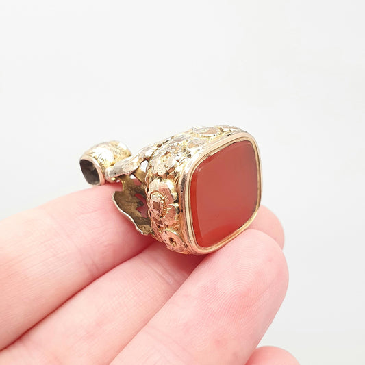 Antique Victorian Rolled Gold Fob Pendant Large Carnelian Quartz Necklace Big Gemstone Gold Filled Albert Seal Vintage Jewellery Jewelry