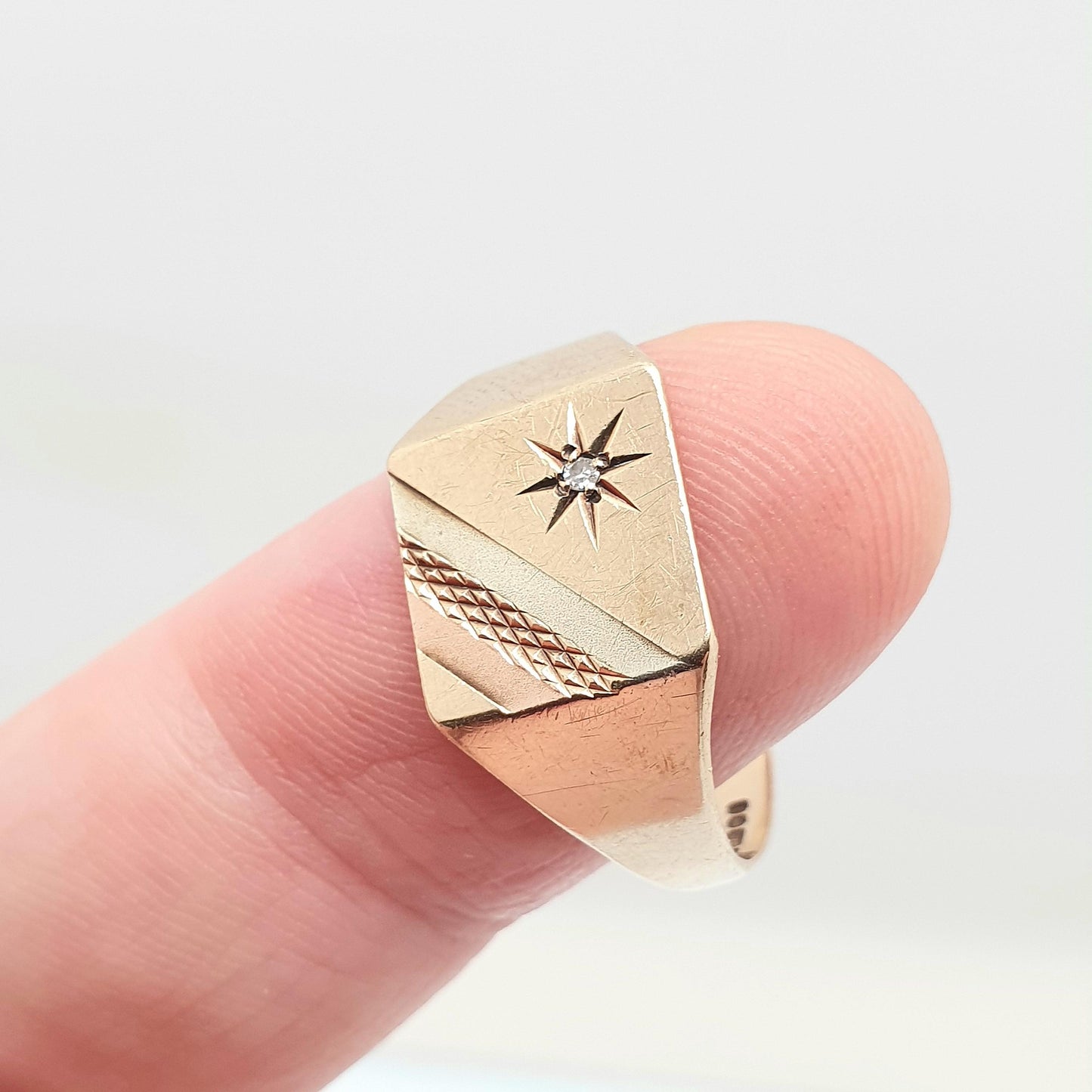 Vintage 9k 9ct Gold Diamond Signet Ring Tri Colour Gold Square Chunky 1989 Hallmark Solid 375 Womens Mens Rings Jewelry Jewellery