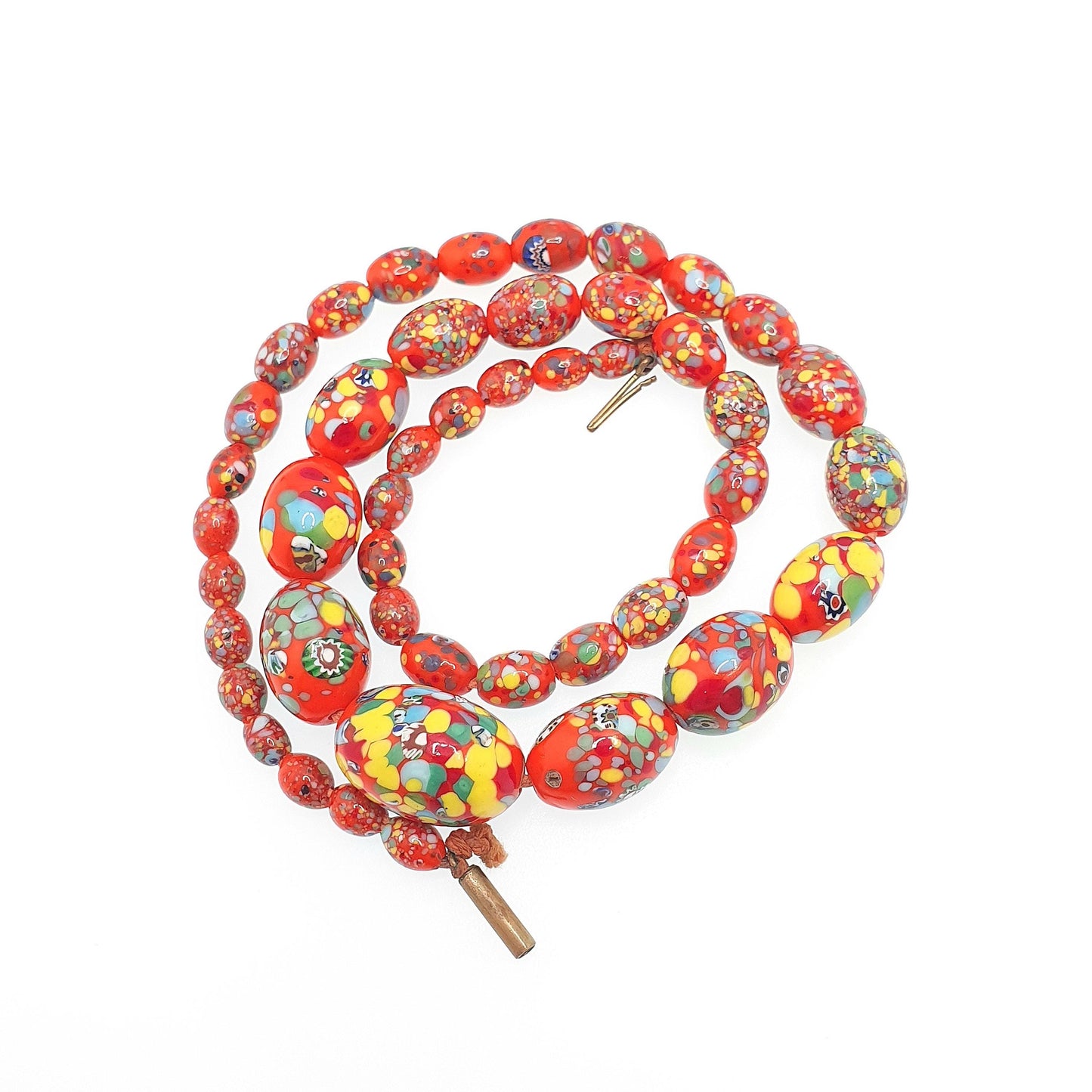 Antique Venetian Murano Glass Bead Necklace Millefiori Pebble Red Orange Dash 1920s 48cm 47.73g Venice Vintage Italian Jewelry Jewellery