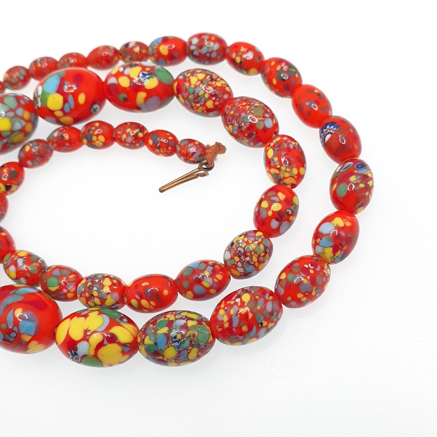 Antique Venetian Murano Glass Bead Necklace Millefiori Pebble Red Orange Dash 1920s 48cm 47.73g Venice Vintage Italian Jewelry Jewellery