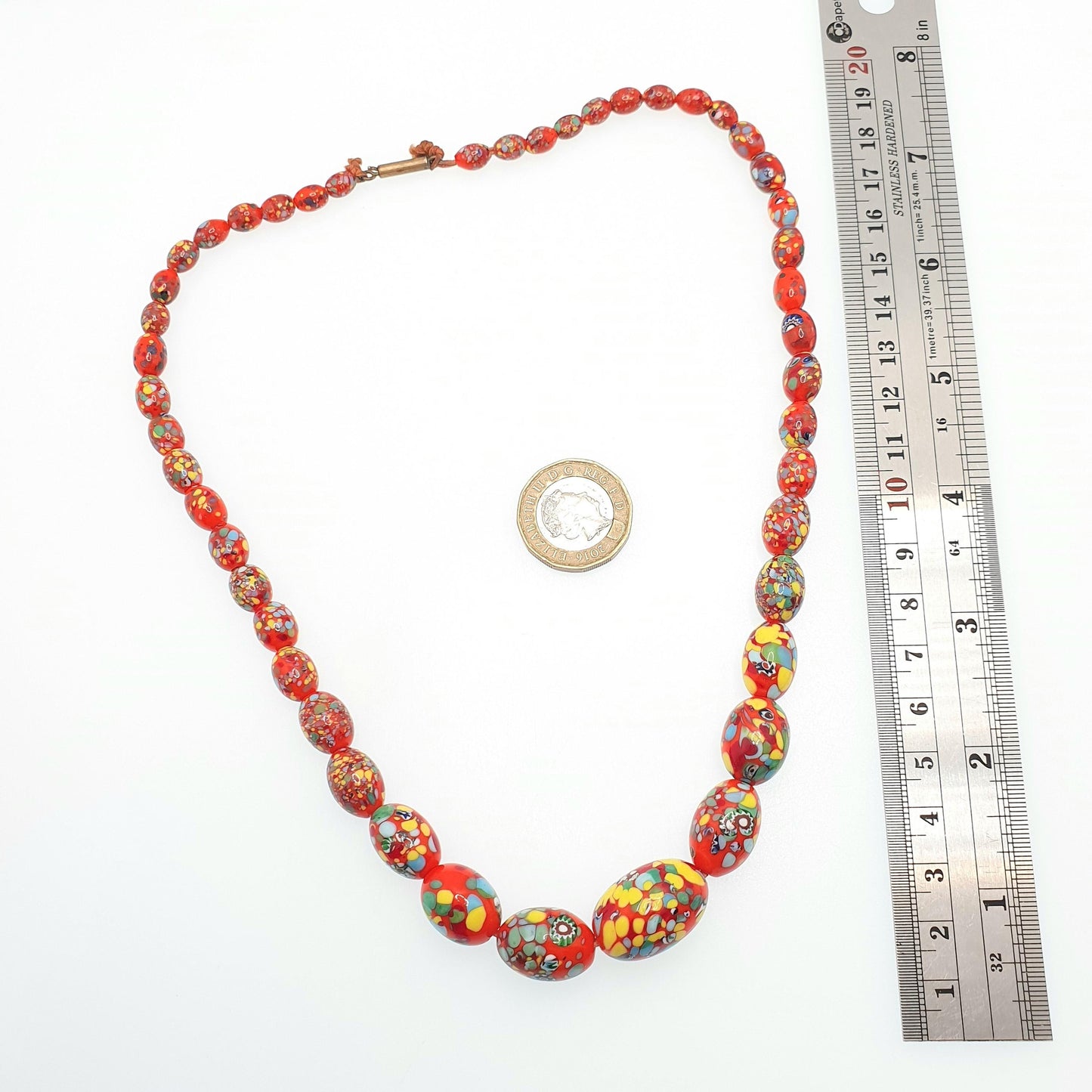 Antique Venetian Murano Glass Bead Necklace Millefiori Pebble Red Orange Dash 1920s 48cm 47.73g Venice Vintage Italian Jewelry Jewellery