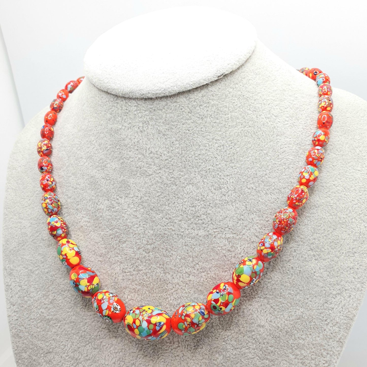 Antique Venetian Murano Glass Bead Necklace Millefiori Pebble Red Orange Dash 1920s 48cm 47.73g Venice Vintage Italian Jewelry Jewellery