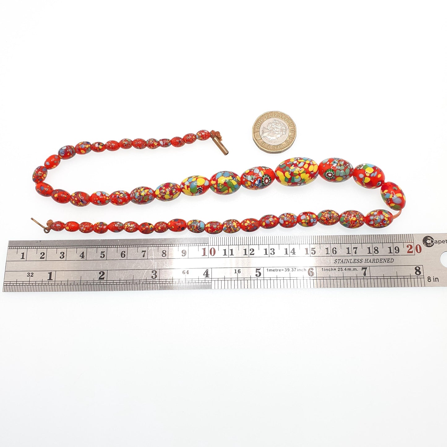Antique Venetian Murano Glass Bead Necklace Millefiori Pebble Red Orange Dash 1920s 48cm 47.73g Venice Vintage Italian Jewelry Jewellery
