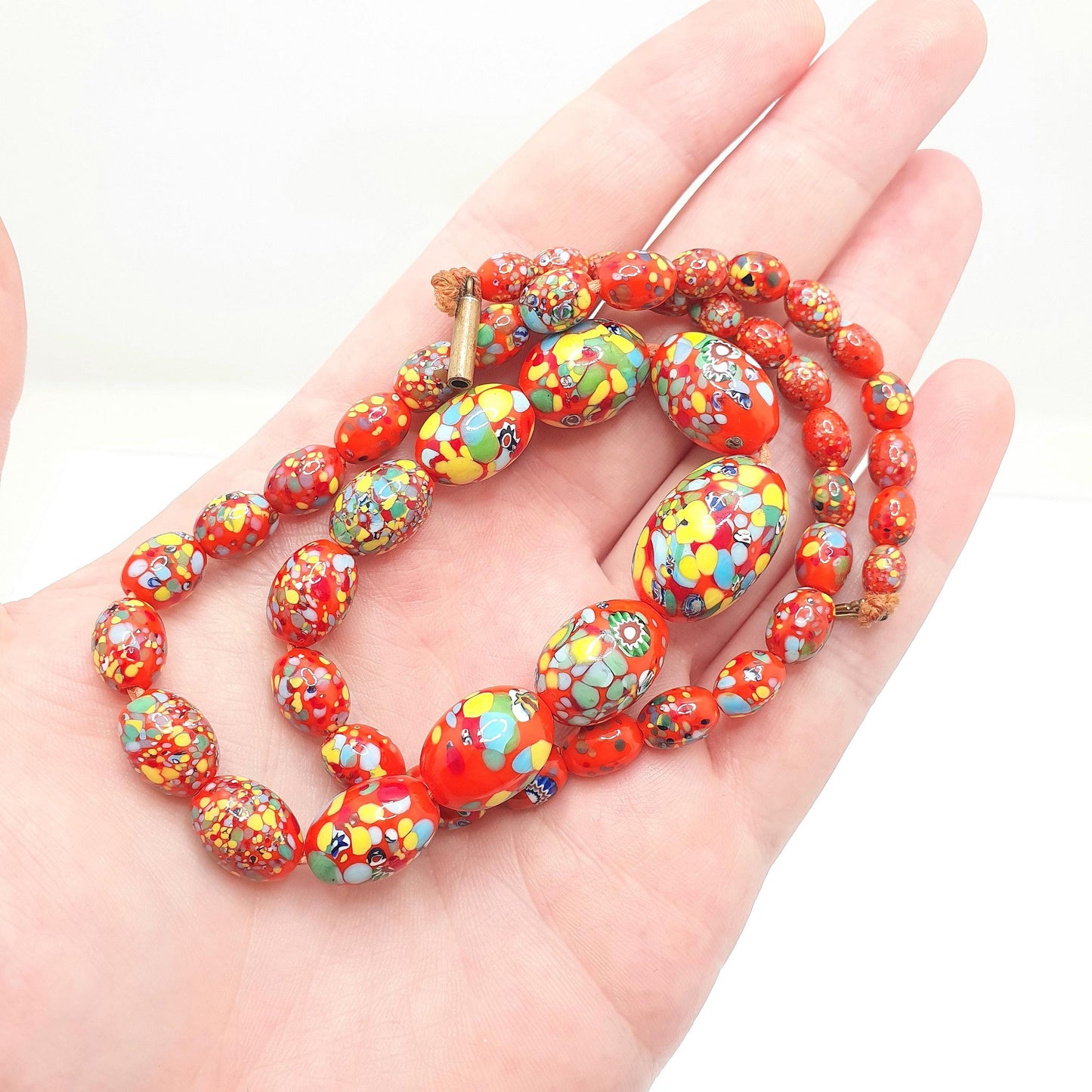 Antique Venetian Murano Glass Bead Necklace Millefiori Pebble Red Orange Dash 1920s 48cm 47.73g Venice Vintage Italian Jewelry Jewellery