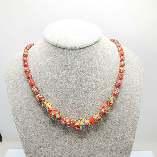 Antique Venetian Murano Glass Bead Necklace Millefiori Pebble Red Orange Dash 1920s 48cm 47.73g Venice Vintage Italian Jewelry Jewellery