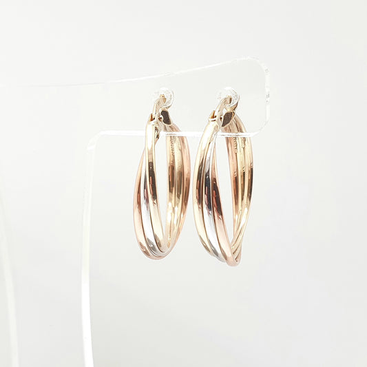 Vintage 9k 9ct Gold Hoop Earrings Tri Colour Three Color Rose Yellow White Full Fine Retro Solid 375 Retro Womens Jewelry Jewellery