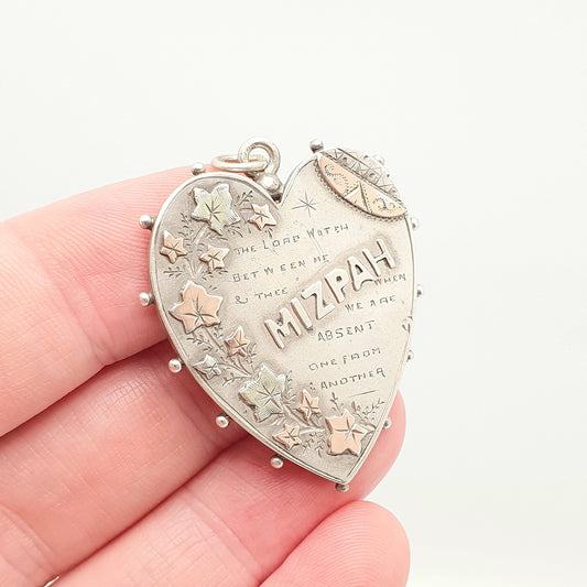Antique Victorian MIZPAH Sterling Silver Heart Pendant Necklace Gold Highlights Large 1890 Hallmark The Lord Watch Jewelry Vintage Jewellery