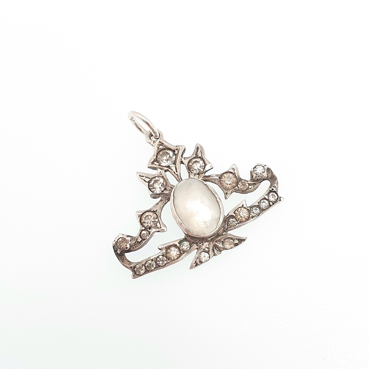 Antique Solid Silver Victorian Diamond Paste Necklace Pendant Mother of Pearl Centre Shell Art Nouveau Vintage Ornate Jewellery Jewelry