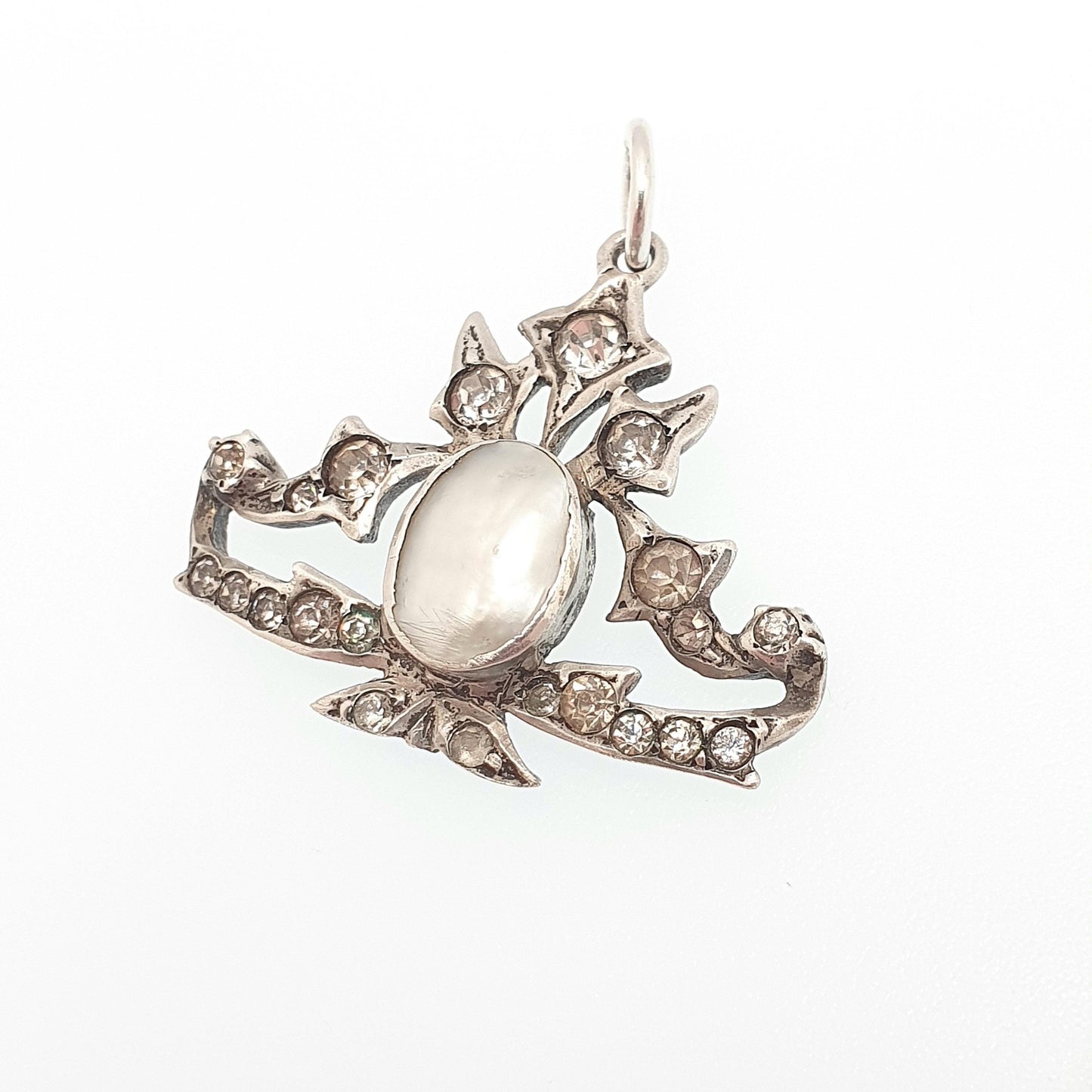 Antique Solid Silver Victorian Diamond Paste Necklace Pendant Mother of Pearl Centre Shell Art Nouveau Vintage Ornate Jewellery Jewelry