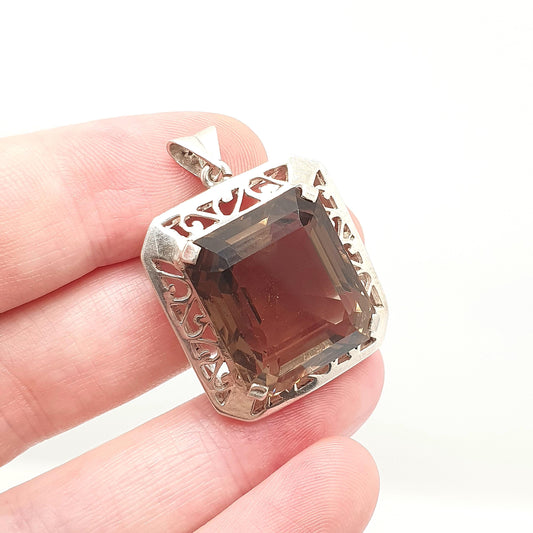 Antique Solid Silver Smoky Quartz Pendant Necklace Large Big Natural Gemstone Art Deco 1920s Rectangular Genuine Womens Jewelry Jewellery