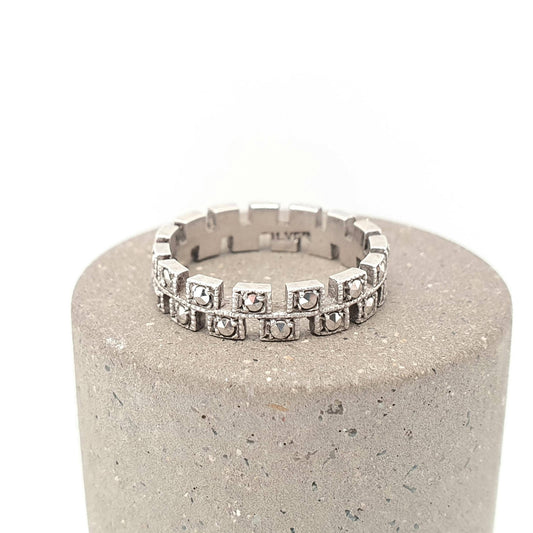 Antique Art Deco Marcasite Solid Silver Eternity Ring Stepped Castle Full Band 1920s Stacking Stacker Vintage Womens Jewelry Jewellery