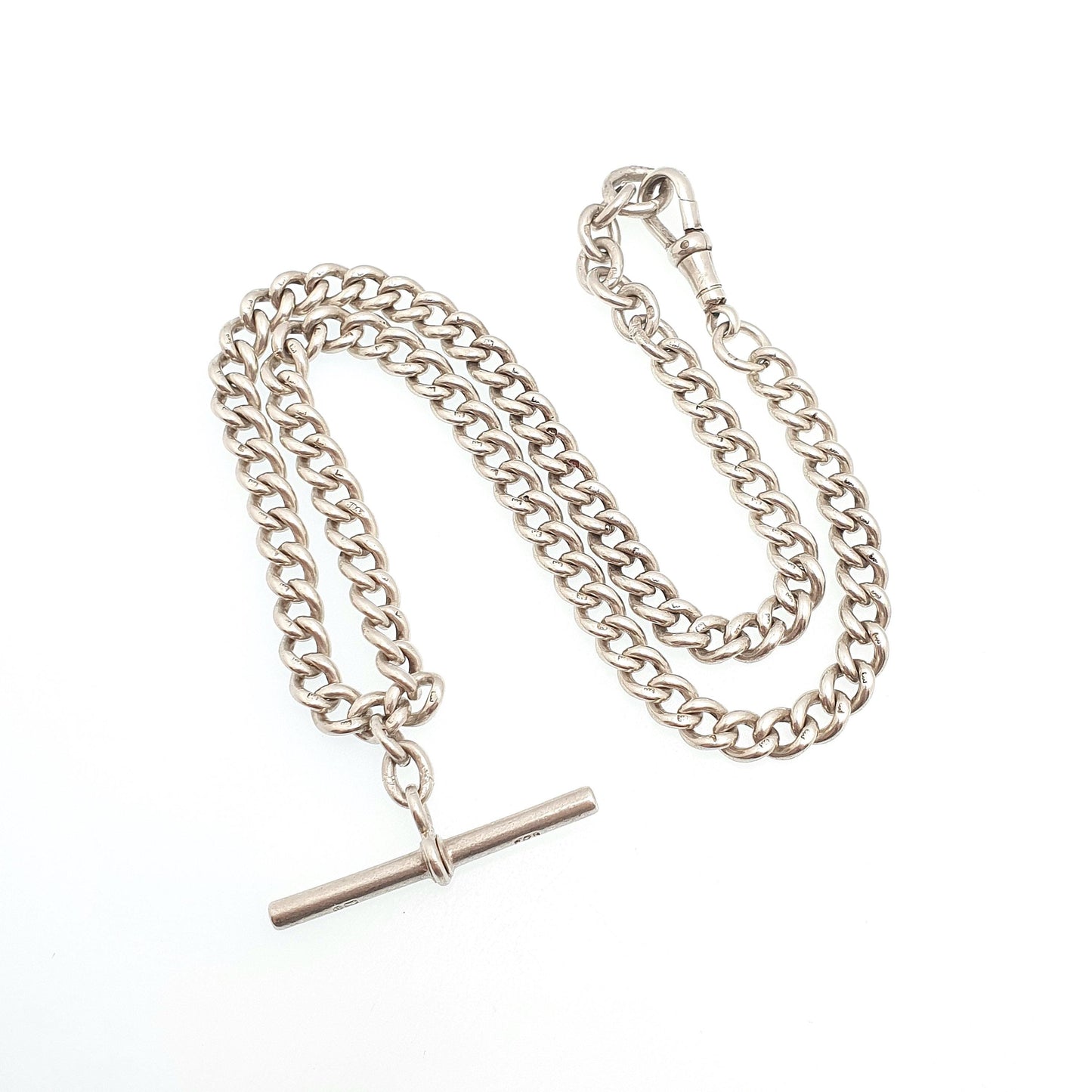 Antique Victorian Sterling Silver Albert Chain T Bar Necklace Curb Link Dog Clip 43cm 17" 41.58g 1916 Hallmark Vintage Jewelry Womens