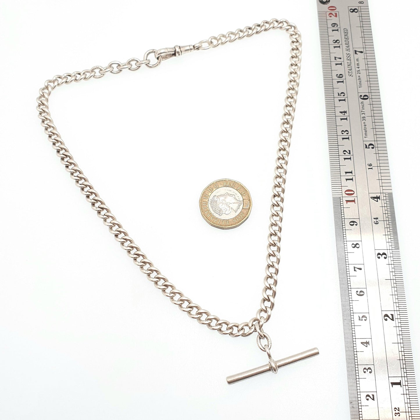 Antique Victorian Sterling Silver Albert Chain T Bar Necklace Curb Link Dog Clip 43cm 17" 41.58g 1916 Hallmark Vintage Jewelry Womens