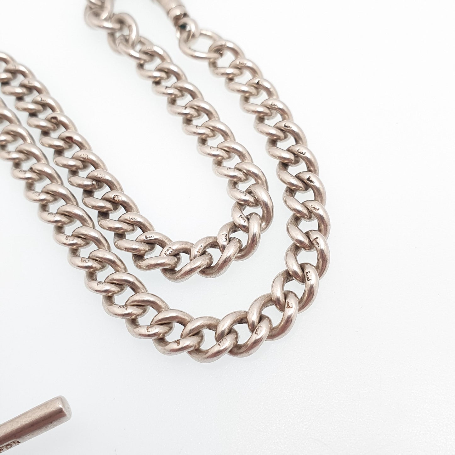 Antique Victorian Sterling Silver Albert Chain T Bar Necklace Curb Link Dog Clip 43cm 17" 41.58g 1916 Hallmark Vintage Jewelry Womens