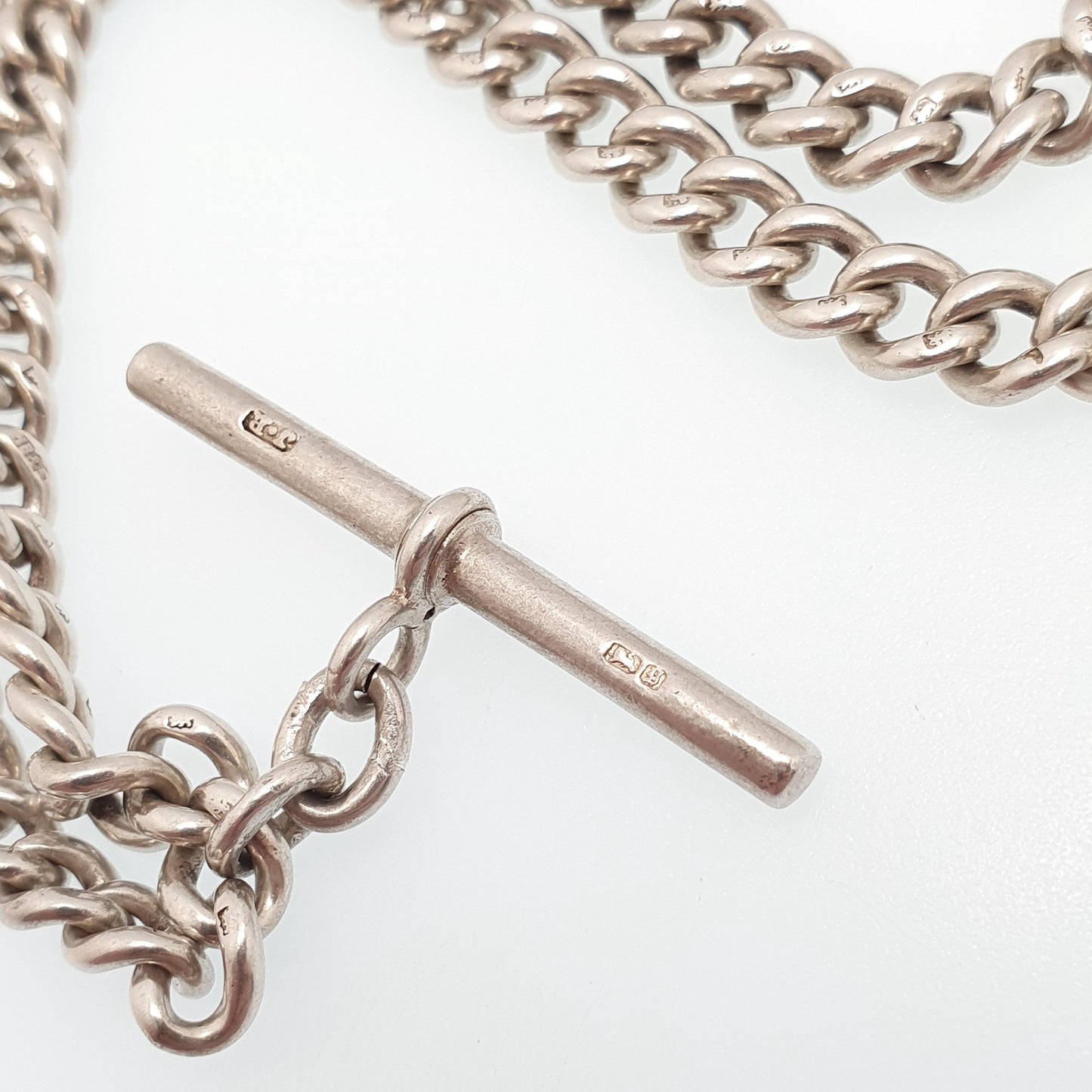 Antique Victorian Sterling Silver Albert Chain T Bar Necklace Curb Link Dog Clip 43cm 17" 41.58g 1916 Hallmark Vintage Jewelry Womens