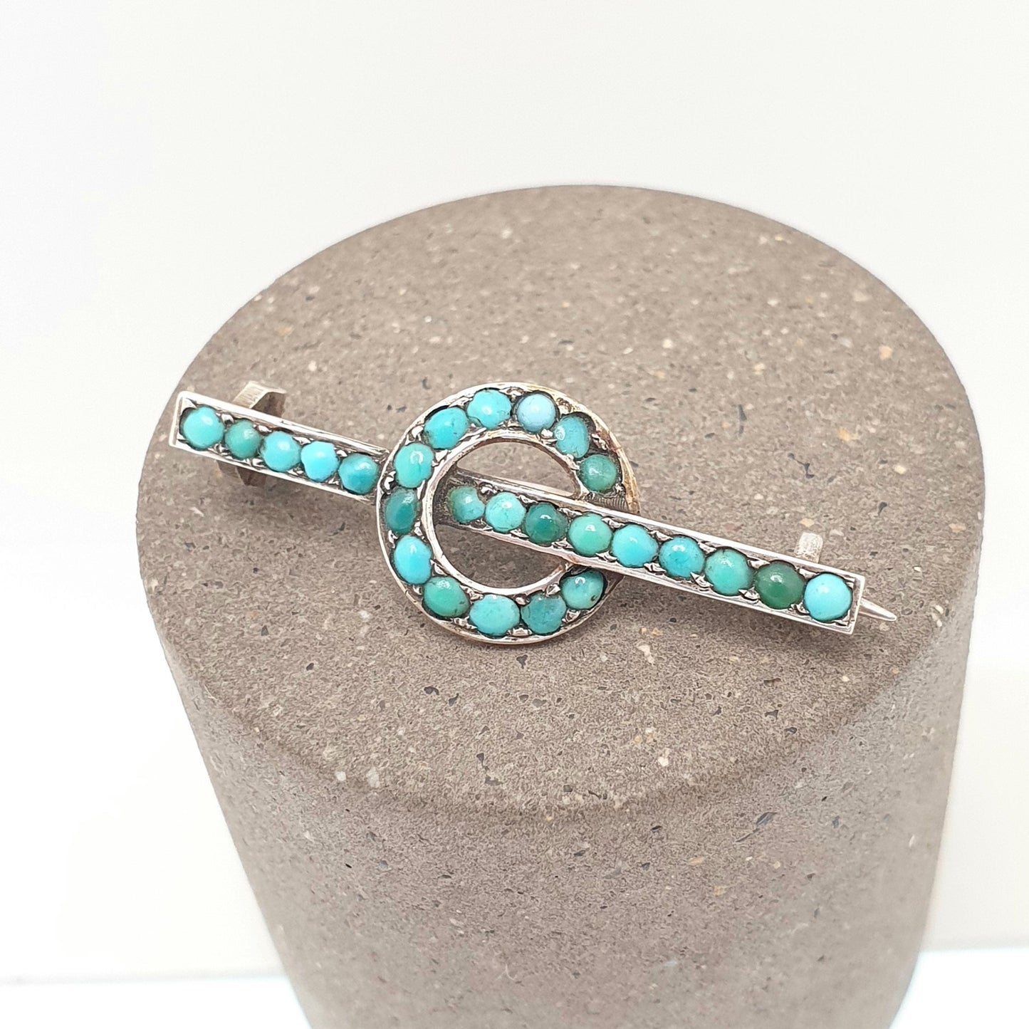 Antique Victorian Solid Silver Turquoise Brooch Circle O 0 Zero Bar Pin Infinity Natural Gemstone Victoria Womens Jewelry Jewellery Vintage