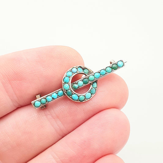 Antique Victorian Solid Silver Turquoise Brooch Circle O 0 Zero Bar Pin Infinity Natural Gemstone Victoria Womens Jewelry Jewellery Vintage
