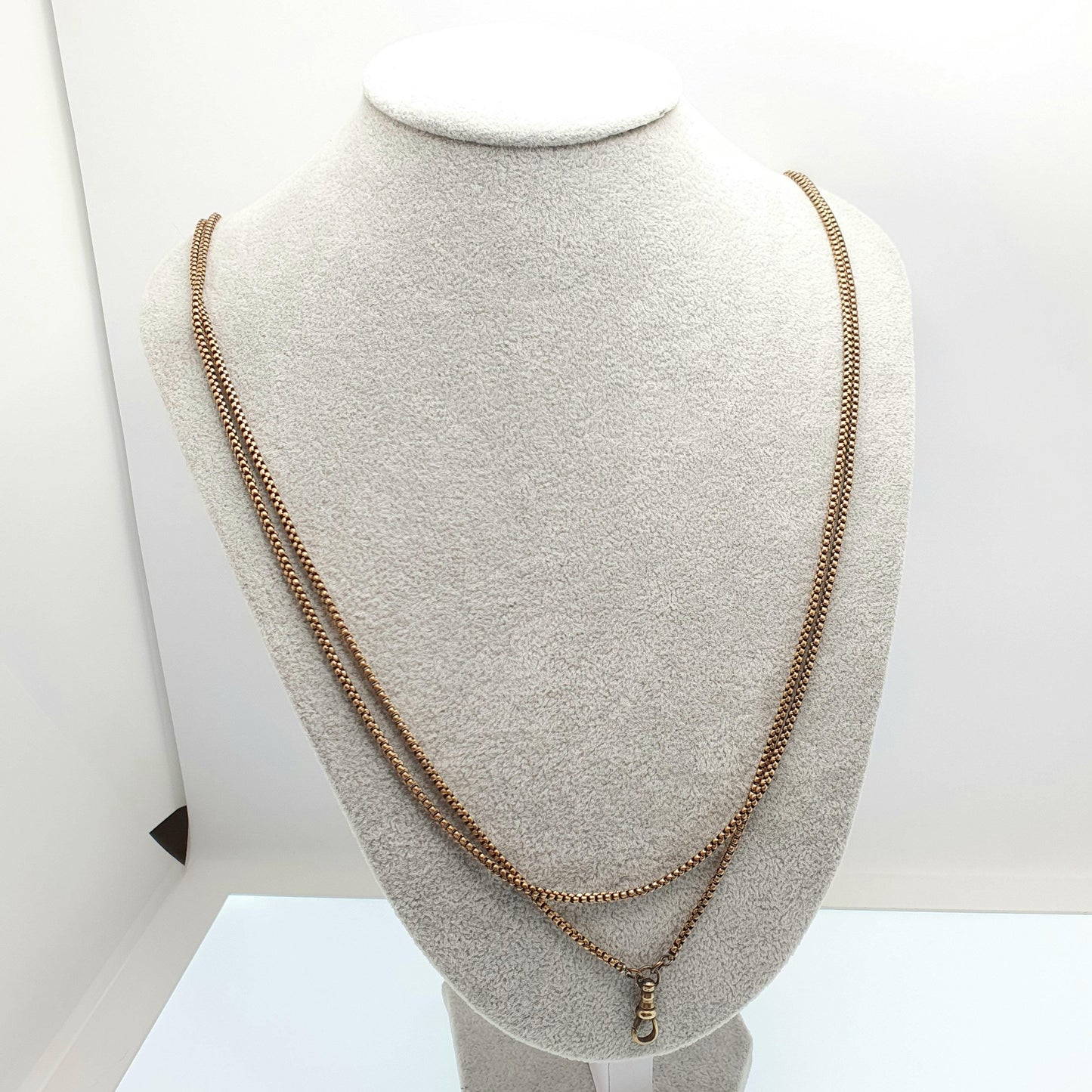 Antique Victorian Muff Chain Necklace Rounded Box Link Dog Clip Gold Gilt Tone Very Long 144cm 20.34g 1800s Guard Vintage Womens